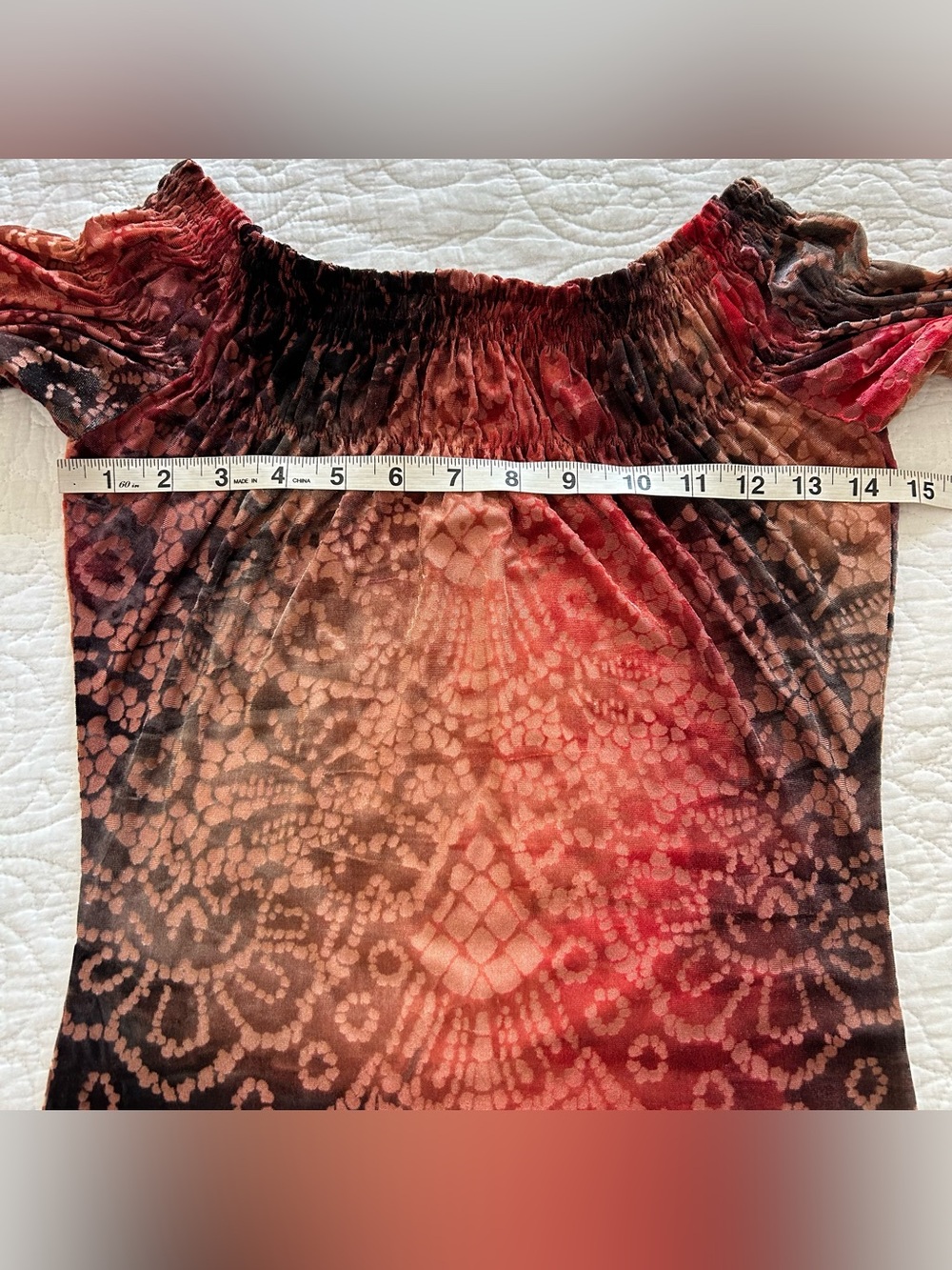 VTG Bebe Velvet Burnout Off The Shoulder Top Size S Made in France Boho Y2K 90s - Picture 8 of 9